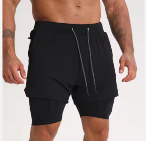 Gym Clothing Men Quick Dry 2 In 1 Gym Shorts Men Polyester Spandex Breathable Shorts Men Liner Running Fitness Shorts (Option: Black-S)